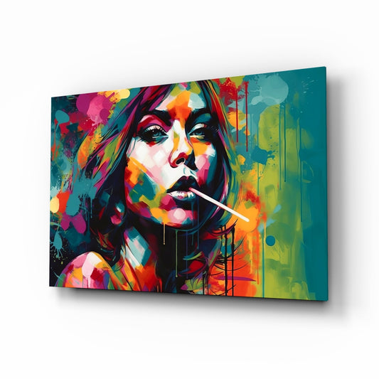 Teal Splash Painted Woman Candy Stick Glass Wall Art