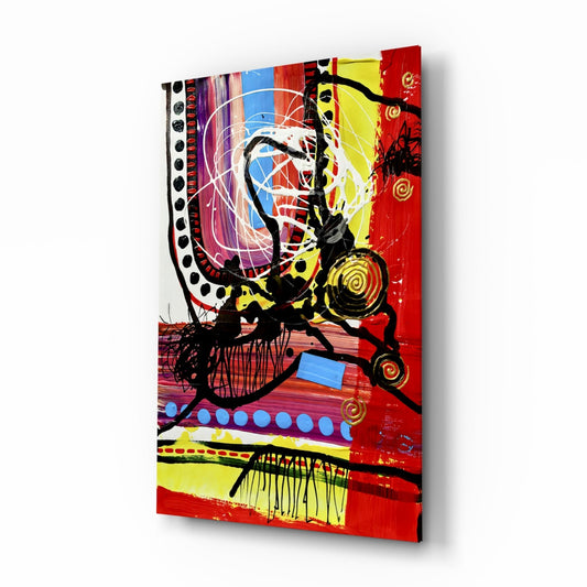 Red Field Gold Spiral Abstract Lines Glass Wall Art