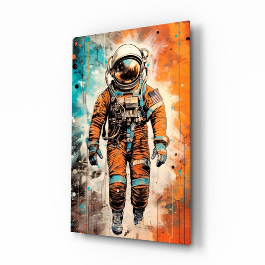 Comic Orange Astronaut Glass Wall Art