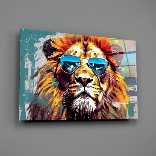 Silver Aviator Lion On Teal Glass Wall Art