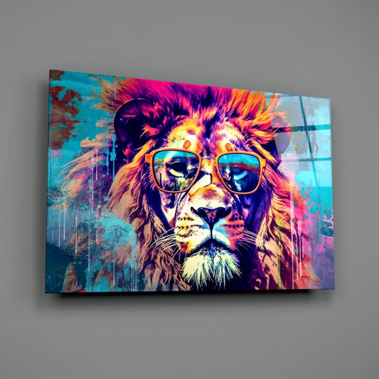 Gold Frame Turquoise Lion Glass Wall Art