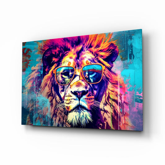 Gold Frame Turquoise Lion Glass Wall Art