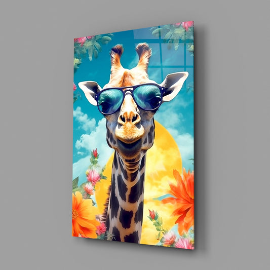 Aviator Giraffe Sky and Flowers Glass Wall Art