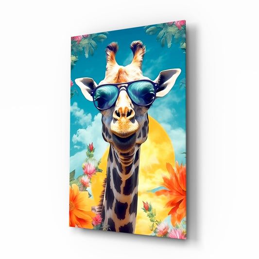 Aviator Giraffe Sky and Flowers Glass Wall Art