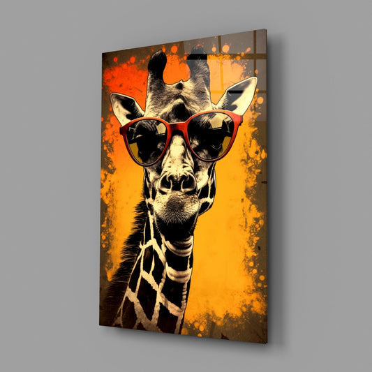 Retro Giraffe Red Shades Orange Glass Wall Art