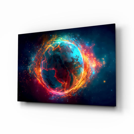 Fiery Orbit Blue Earth Globe Glass Wall Art