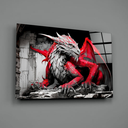 Crimson Red Winged Dragon Glass Wall Art