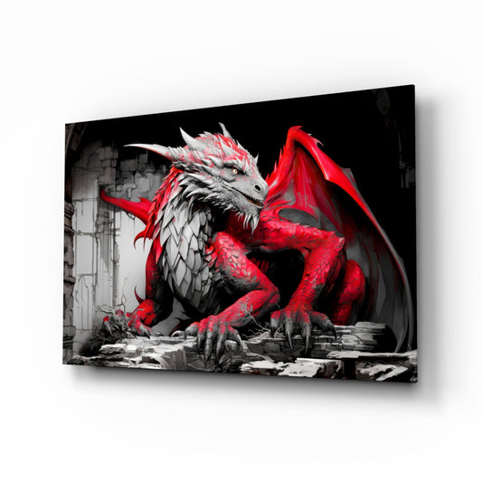 Crimson Red Winged Dragon Glass Wall Art