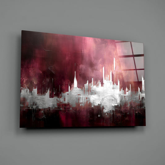 Crimson Mist Abstract Skyline Glass Wall Art