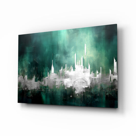 Emerald Mist Abstract Skyline Glass Wall Art