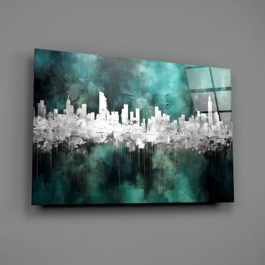 Teal Reflected City Skyline Glass Wall Art