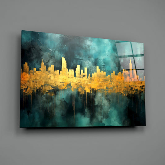 Gold Reflected Skyline Teal Glass Wall Art