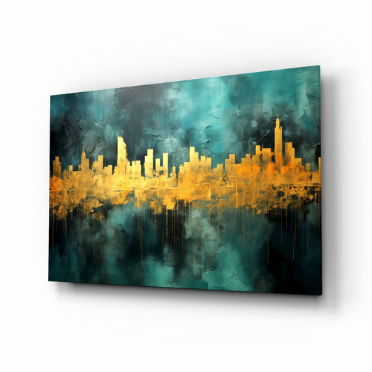 Gold Reflected Skyline Teal Glass Wall Art