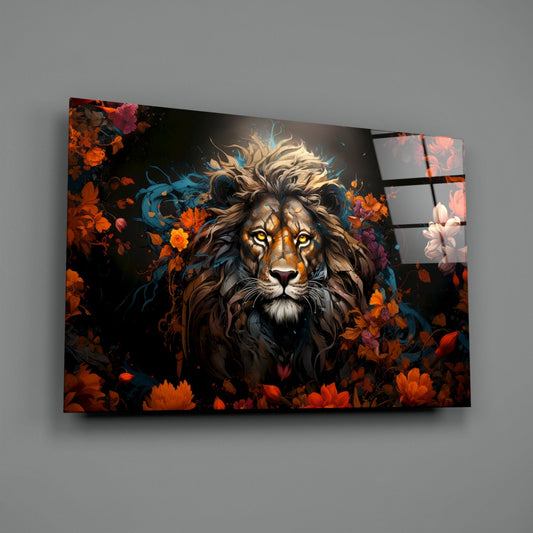 Orange Blossom Lion Portrait Glass Wall Art