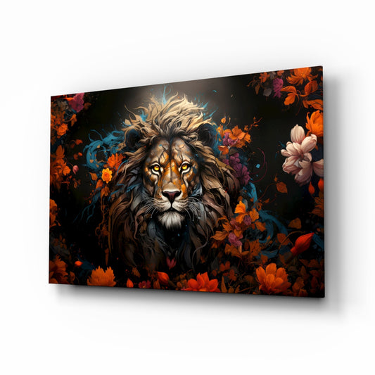 Orange Blossom Lion Portrait Glass Wall Art