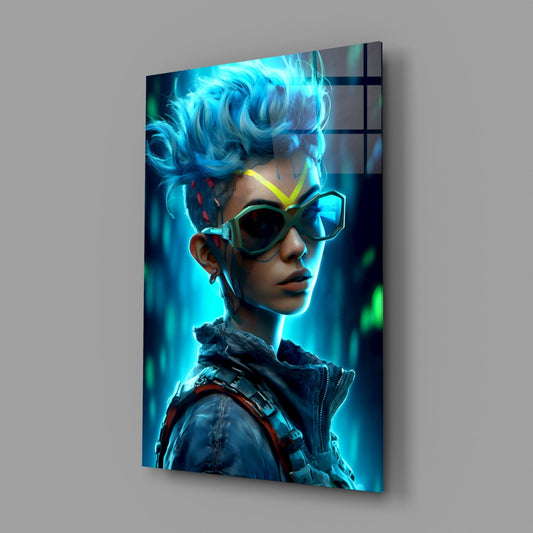 Blue Mohawk Cyber Girl Neon Visor Glass Wall Art
