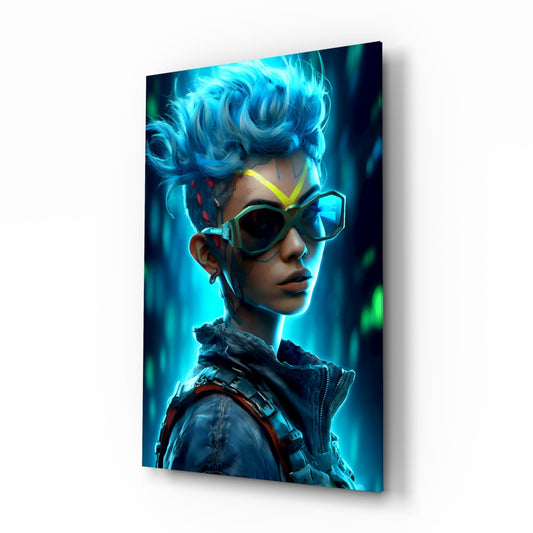 Blue Mohawk Cyber Girl Neon Visor Glass Wall Art