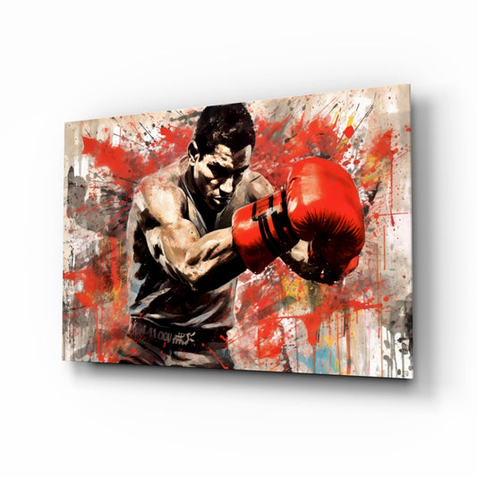 Red Splatter Gloves Boxer Glass Wall Art