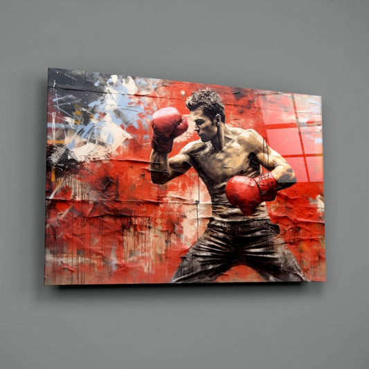 Red Wall Crouching Boxer Glass Wall Art