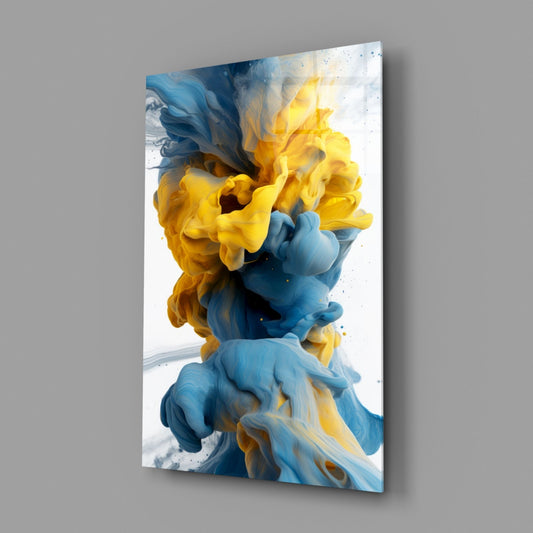 Blue And Yellow Ink Swirl Abstract Glass Wall Art