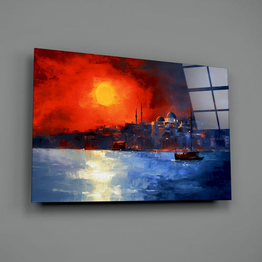Crimson Sunset Istanbul Skyline Boats Glass Wall Art