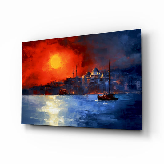 Crimson Sunset Istanbul Skyline Boats Glass Wall Art