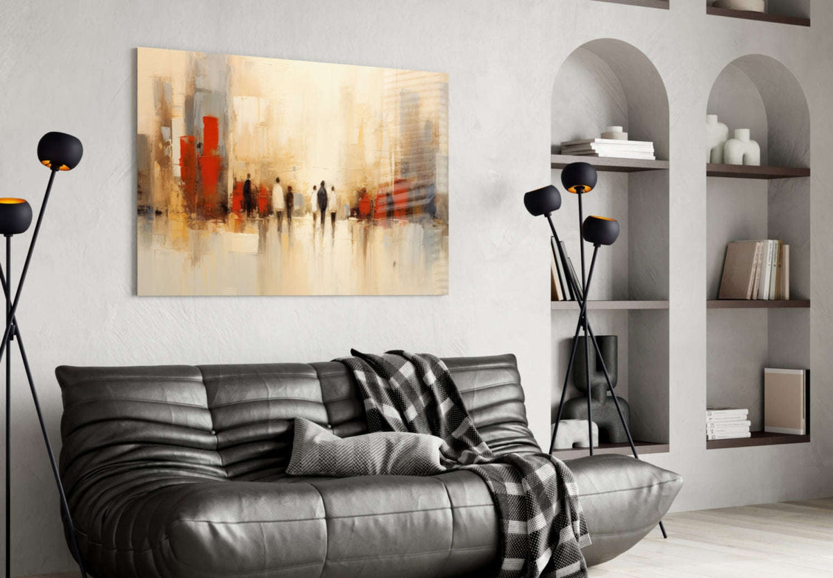 Beige Cityscape Walking Figures Glass Wall Art Otarealm