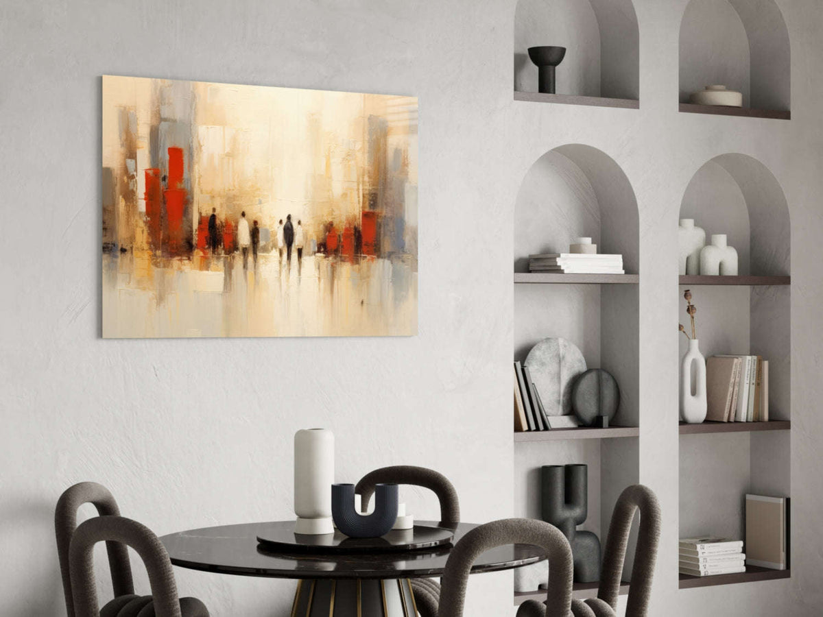 Beige Cityscape Walking Figures Glass Wall Art Otarealm