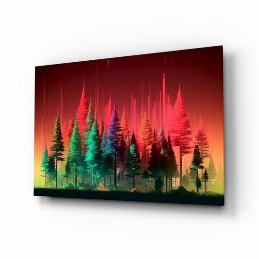 Neon Red And Green Pine Forest Glass Wall Art