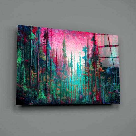 Magenta Sky Teal Pine Forest Glass Wall Art