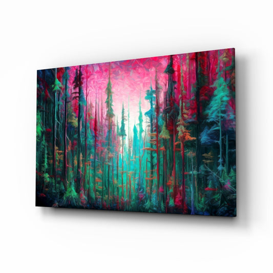 Magenta Sky Teal Pine Forest Glass Wall Art
