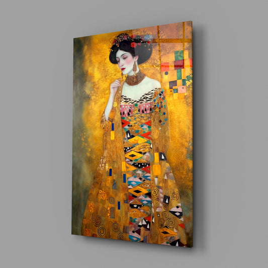 Klimt Style Golden Robe Lady Glass Wall Art