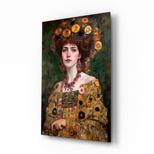 Klimt Style Floral Crown Portrait Glass Wall Art