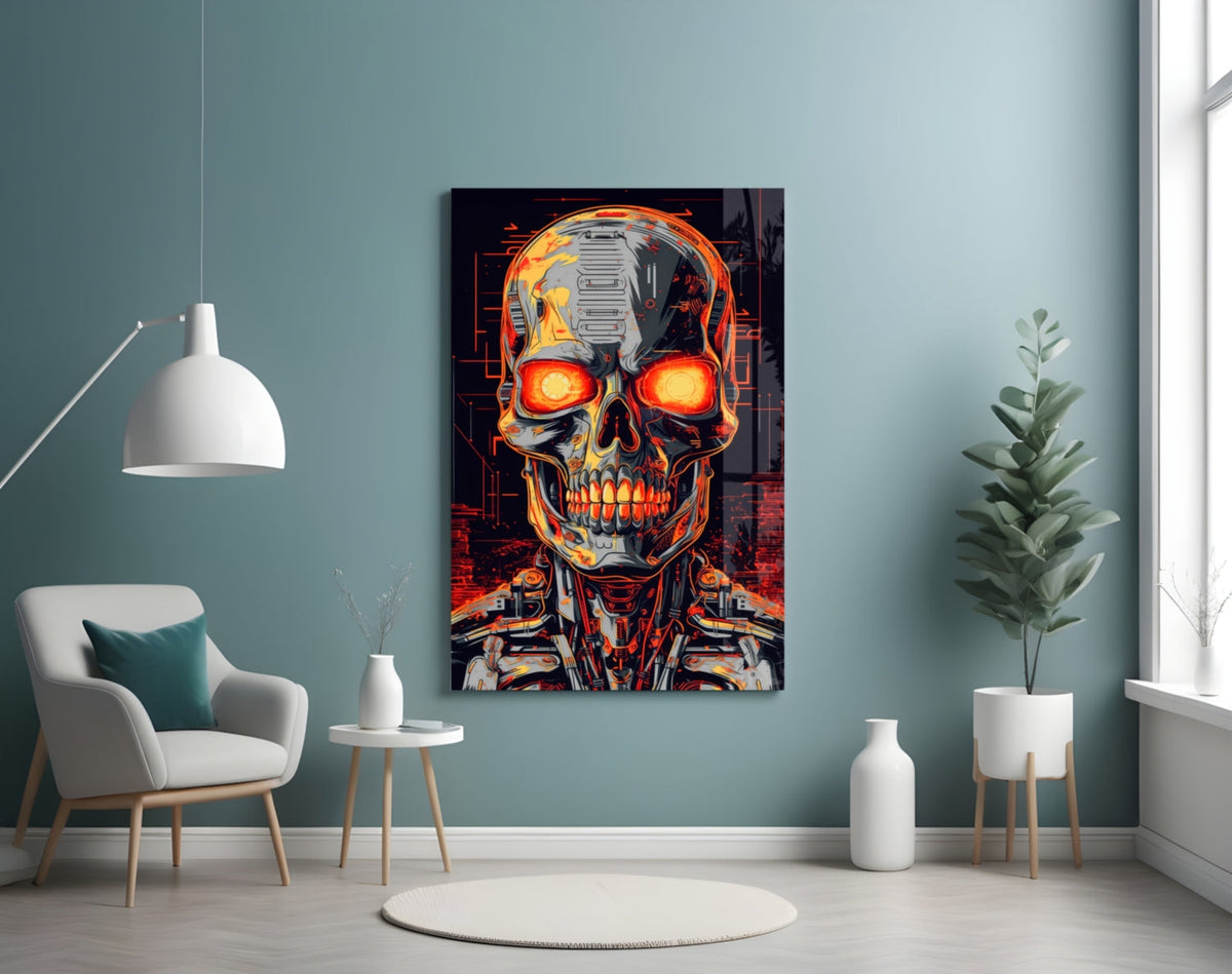 Glowing Eyes Metal Skull Glass Wall Art