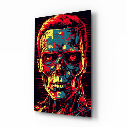 Red And Yellow Pop Cyborg Face Glass Wall Art