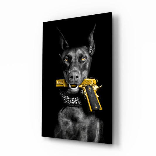Doberman Holding Gold Pistol Glass Wall Art