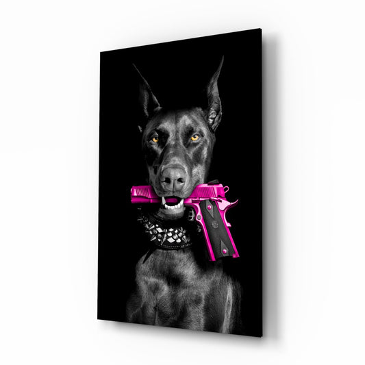 Doberman Holding Pink Pistol Glass Wall Art