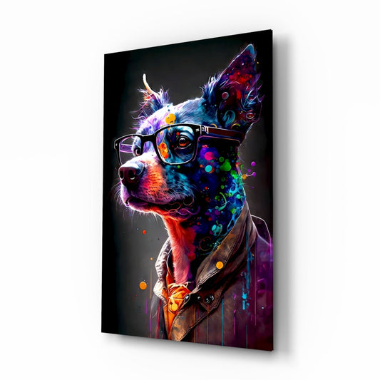 Neon Splash Dog in Glasses and Suit Glass Wall Art