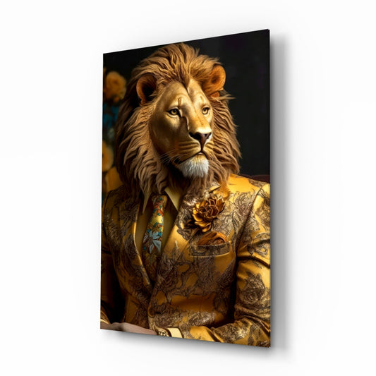Lion In Gold Brocade Jacket Glass Wall Art