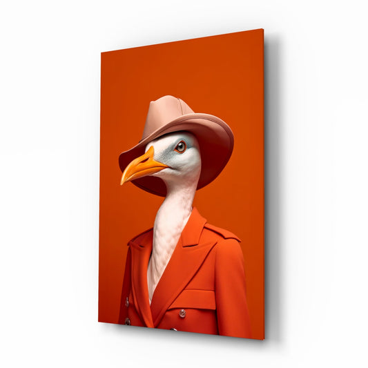 Seagull in Orange Coat and Fedora Glass Wall Art