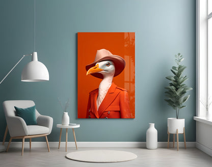 Seagull in Orange Coat and Fedora Glass Wall Art
