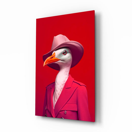 Seagull in Hot Pink Suit and Hat Glass Wall Art