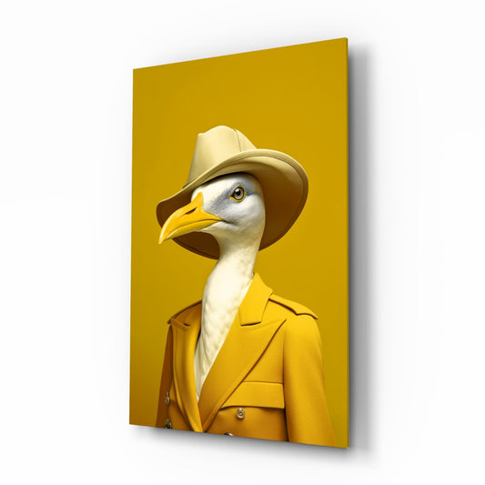 Seagull in Mustard Yellow Overcoat Glass Wall Art