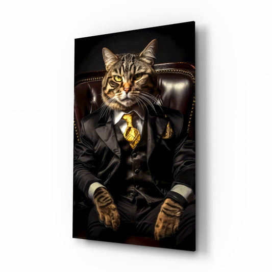 Tabby Cat Gold Tie Boss Chair Glass Wall Art