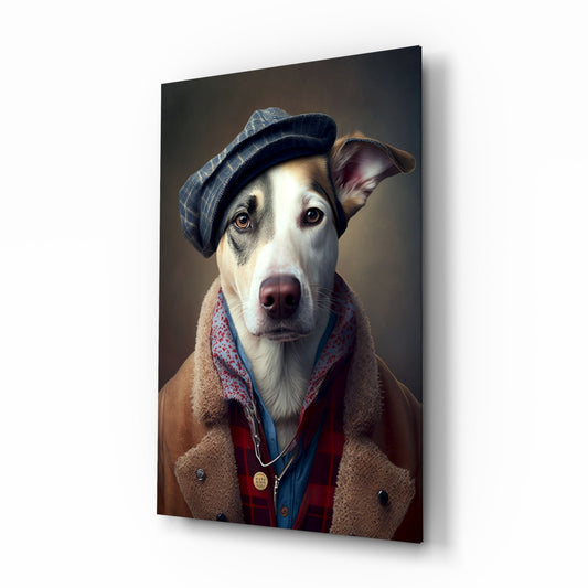 Dog in Flat Cap and Shearling Coat Glass Wall Art
