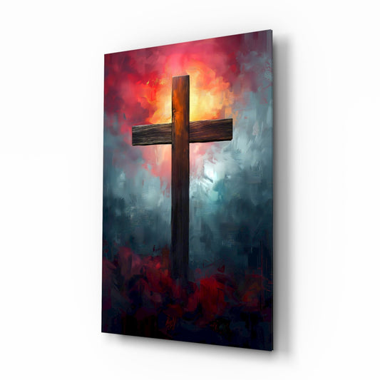 Dark Cross With Crimson Cloud Sunrise Glass Wall Art