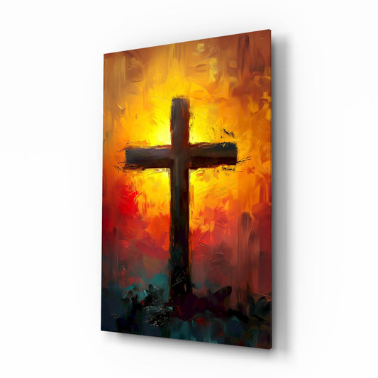 Fiery Orange And Teal Sunburst Cross Glass Wall Art