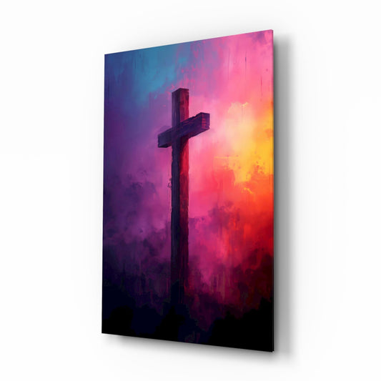 Magenta And Purple Cloud Cross Glass Wall Art