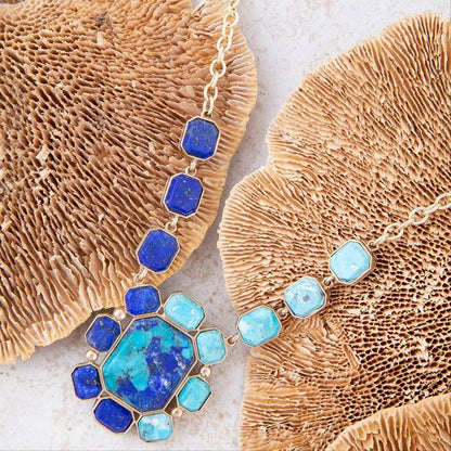 Duality Blue Lapis and Turquoise Golden Pendant Necklace