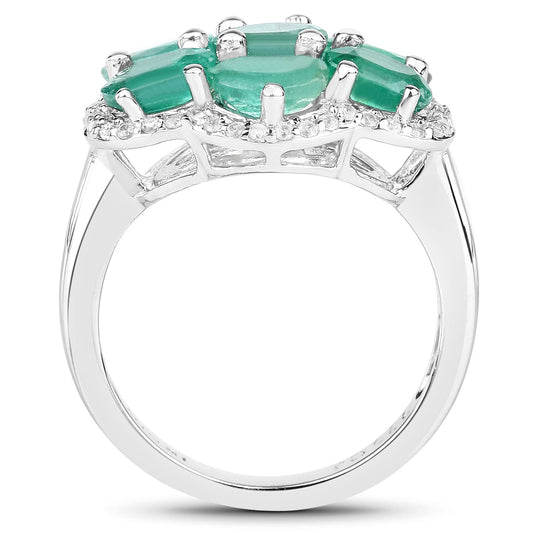 3.33 Carat Genuine Zambian Emerald and White Zircon .925 Sterling Silver Ring